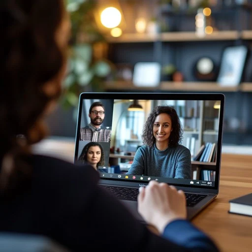 Participant smiling during one-on-one video call on laptop